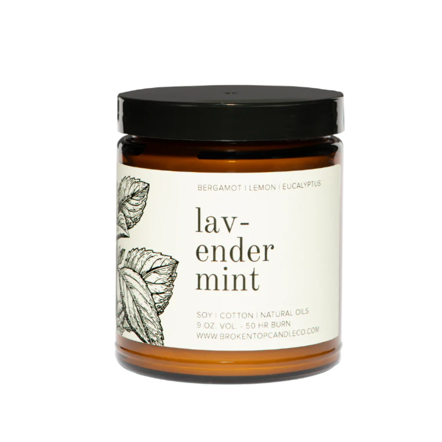 9 oz lavender mint candle brown jar white label black lid on white background