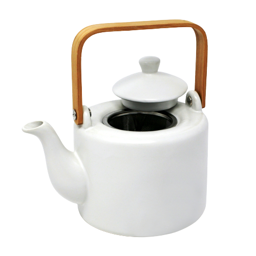 matte white teapot with wood handle, metal strainer and open top with lid resting on topside . On white background