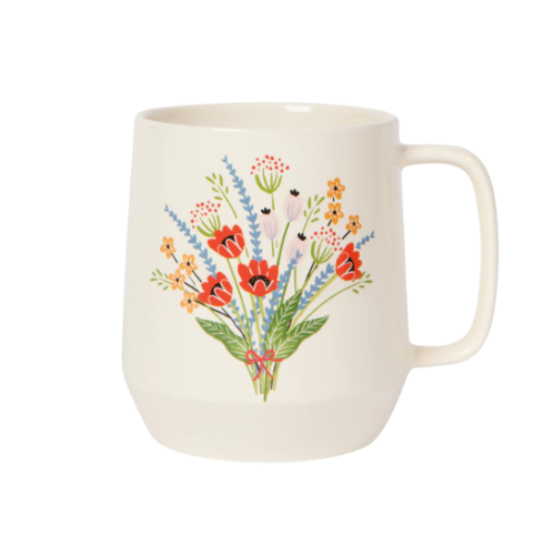 big white mug with bright floral bouquet illustration made by danica