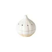 two tones stoneware garlic canister/keeper white speckled glaze with unglazed natural bottom on white background