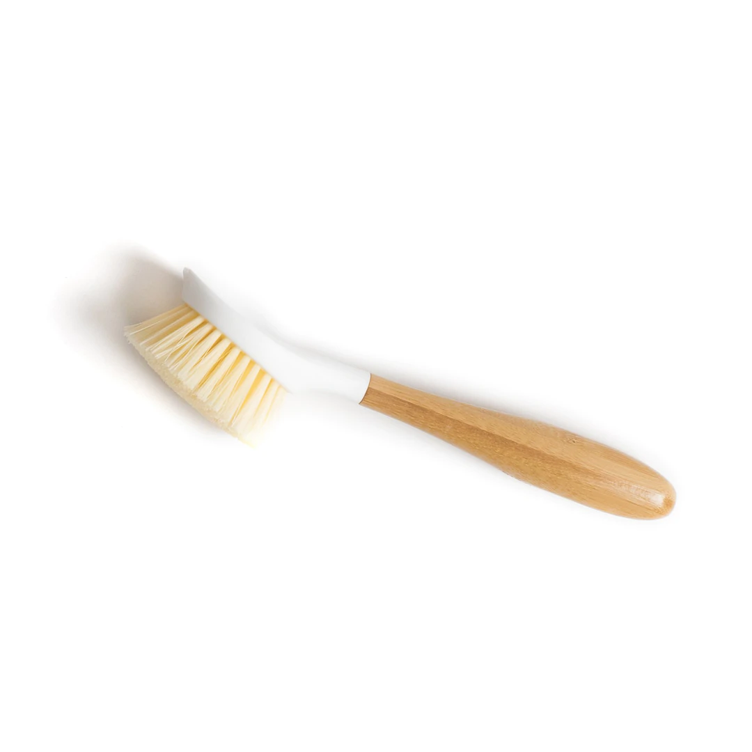 white dish brush with bamboo handle by full circle