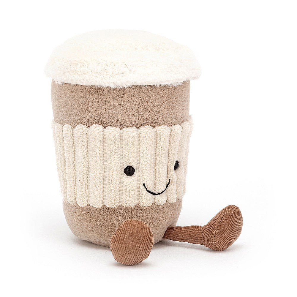 front view jellycat plush toy coffee to go cup light brown with white lid and cup sleeve smiley face and brown feet on white background 