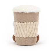back view jellycat plush toy coffee to go cup light brown with white lid and cup and brown feet on white background