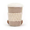 back view jellycat plush toy coffee to go cup light brown with white lid and cup and brown feet on white background
