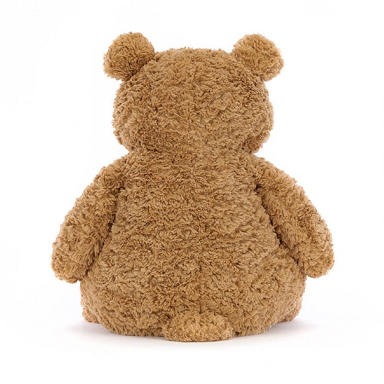 back view of big fluffy brown bartholomew bear stuffed plush toy made by jellycat