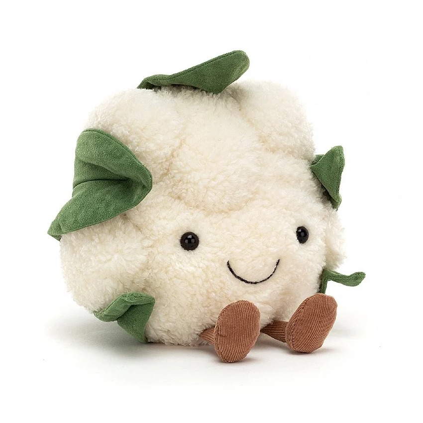 front view of jellycat plush toy white cauliflower with smiley face green leaves and brown feet on white background