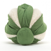 back view of jellycat plush toy white cauliflower green leaves and end  and brown feet on white background