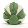 back view of jellycat plush toy white cauliflower green leaves and end  and brown feet on white background