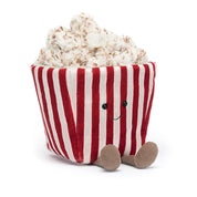 front view jellycat plush toy red white stripe popcorn bag with face and brown legs on white background 