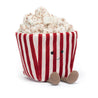 front view jellycat plush toy red white stripe popcorn bag with face and brown legs on white background 