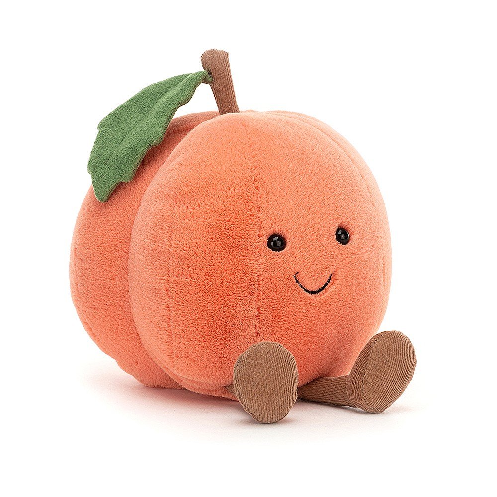 stuffed plush toy peach with green leaf and black smiley face made by jellycat
