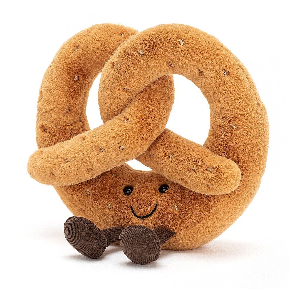 fuzzy soft brown stuffed plush toy of salted pretzel with black smiley face made by jellycat