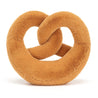 back view of fuzzy soft brown stuffed plush toy pretzel made by jellycat