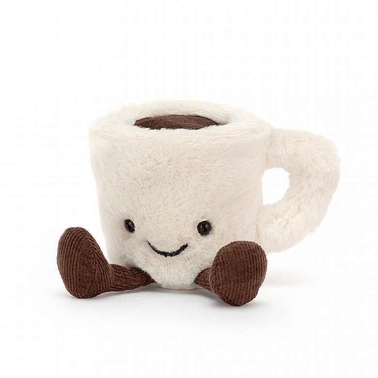 small white espresso coffee cup stuffed plush toy with black smiley face by jellycat