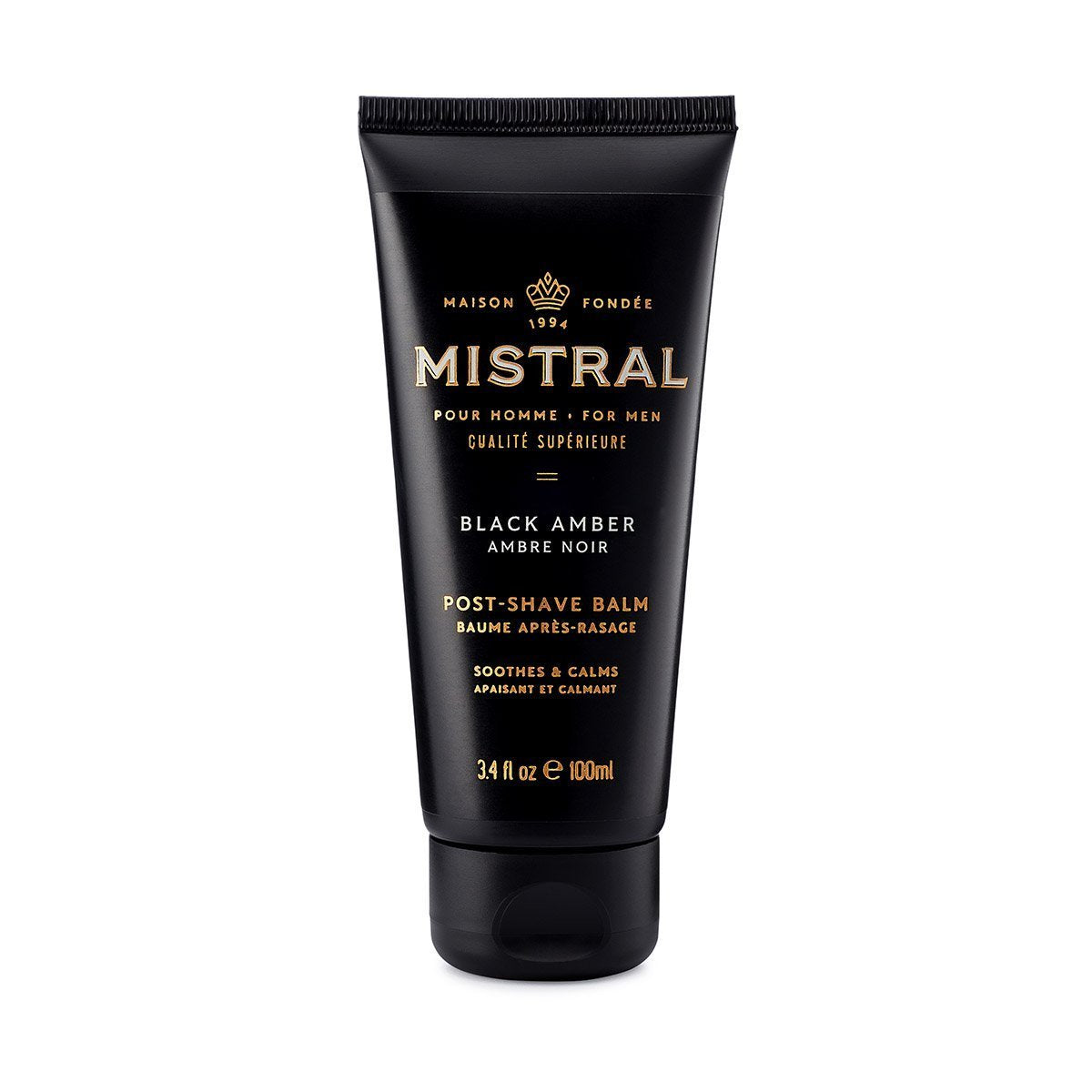 black tube of mistral for men post shave balm in scent black amber