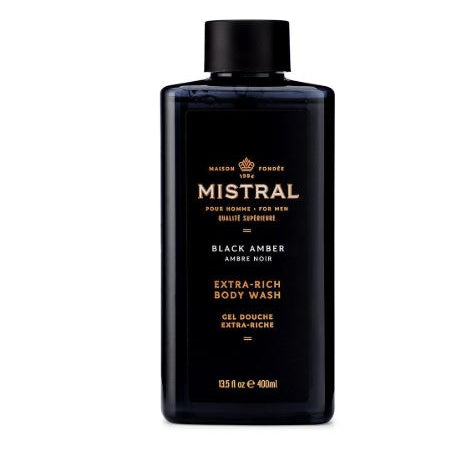 black bottle of mistral for men extra rich body wash in scent black amber