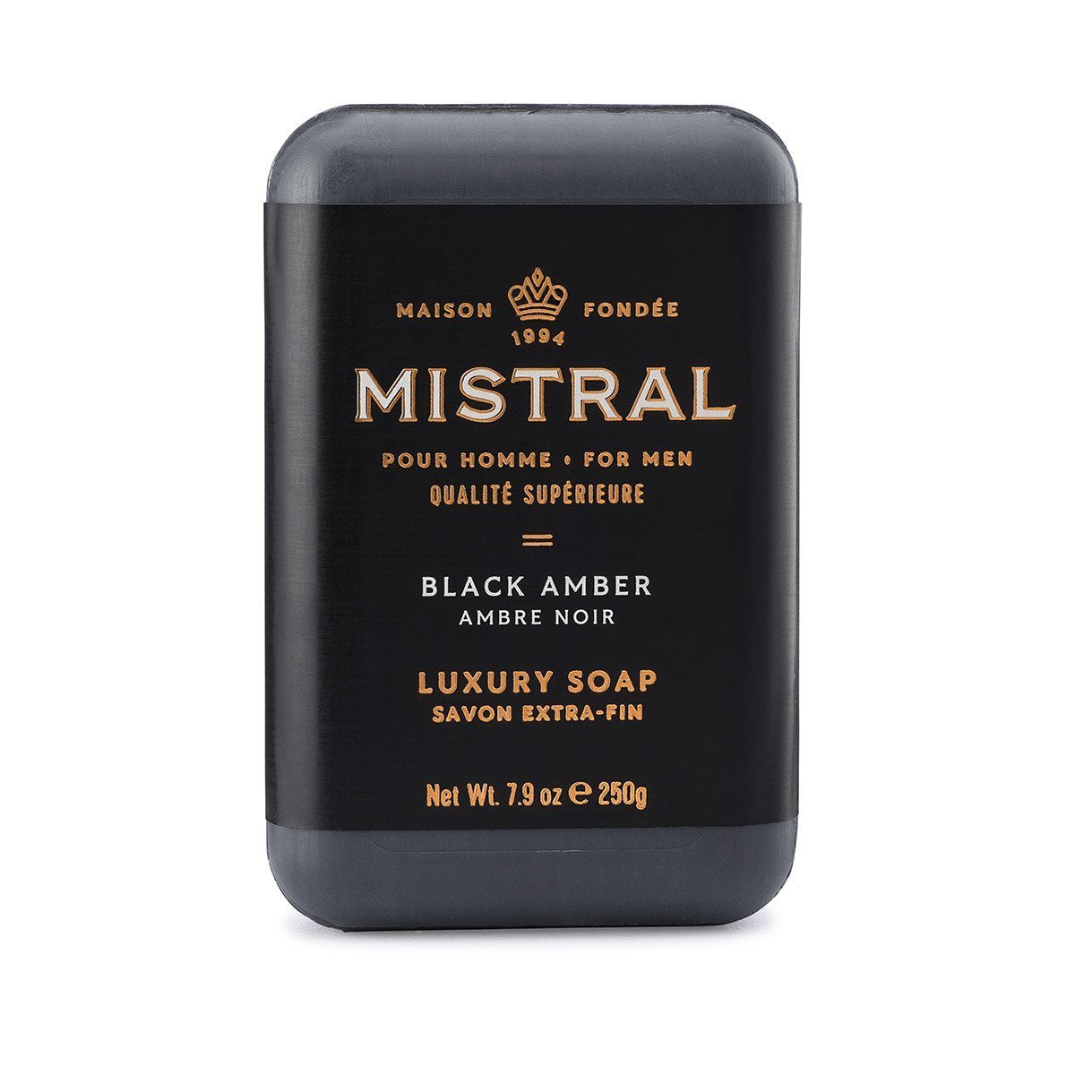 black bar of mistral for men luxury soap in scent black amber