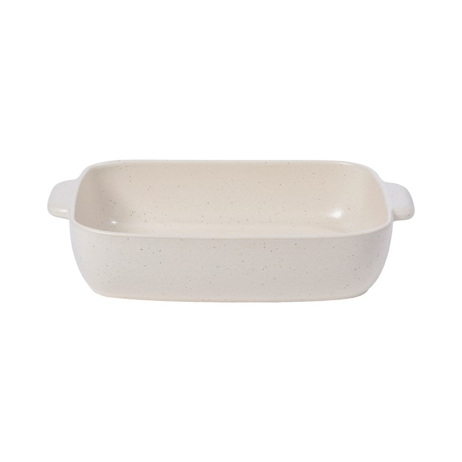 off white speckled stoneware baking dish swuare on white background