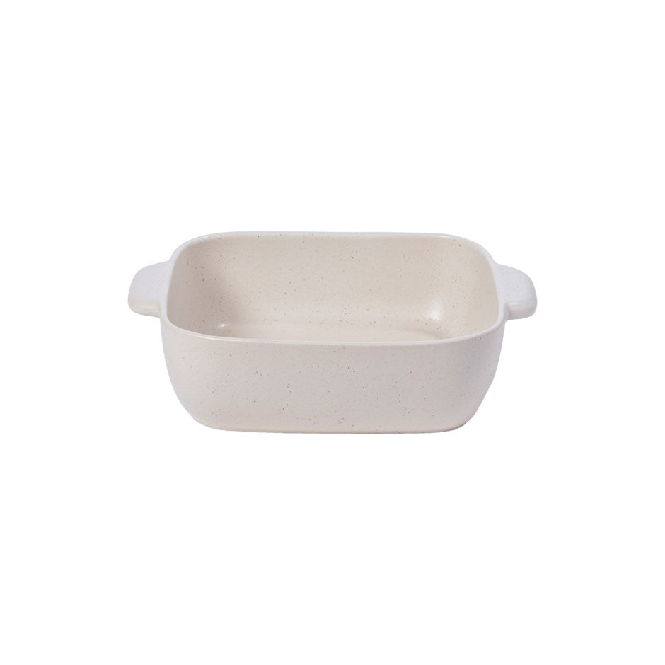square off white speckled stoneware baking dish with handles on white background