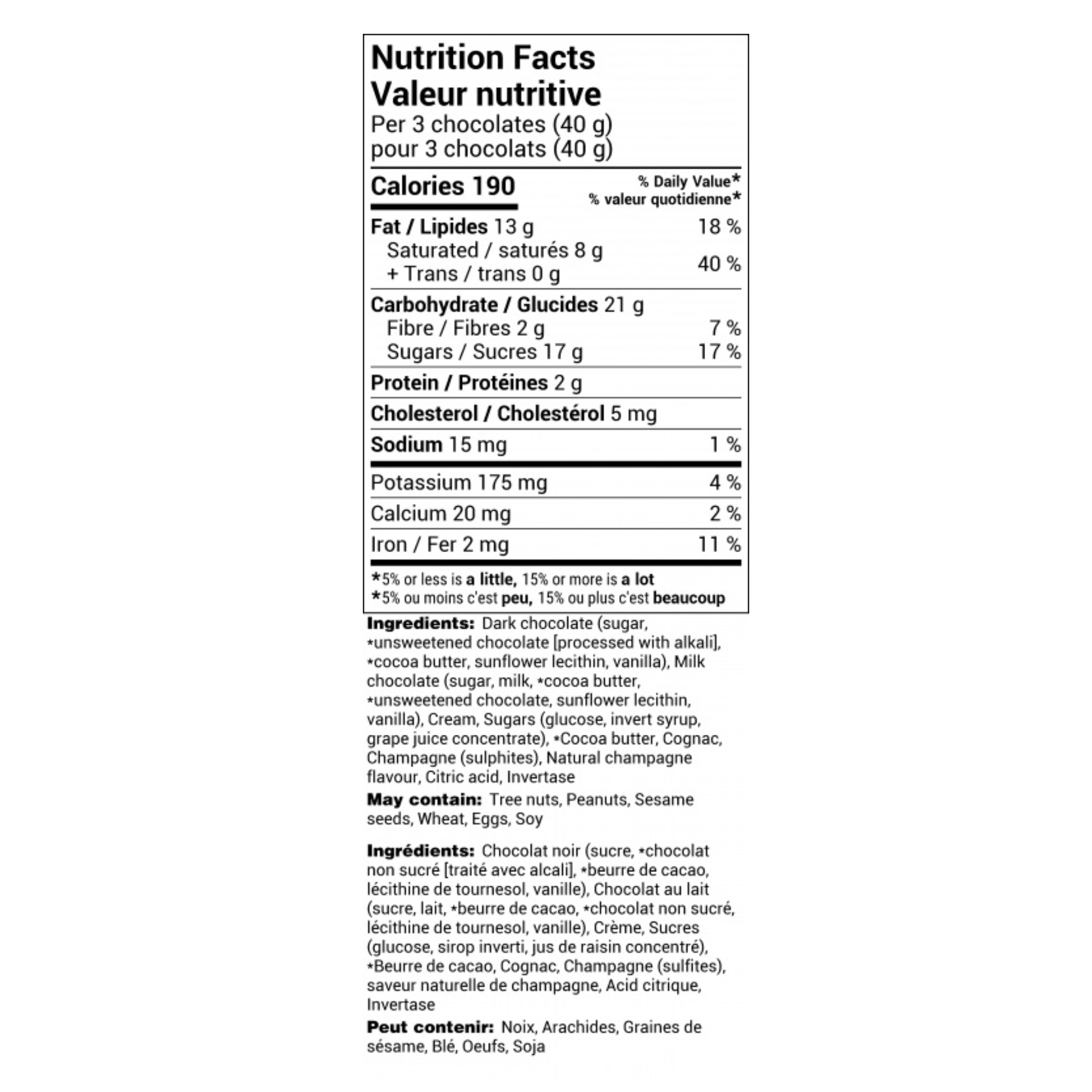 nutritional info for dark chocolate champagne truffle from rogers chocolates black writing on white background 