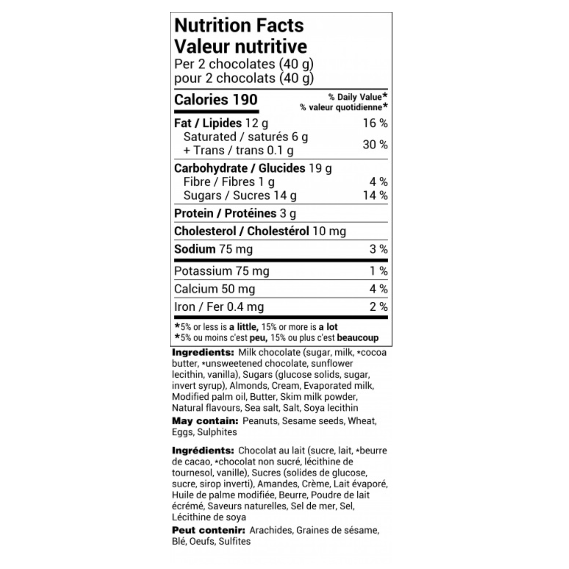 nutritional info for sea salt empress squares by rogers chocolate black writing on white background 