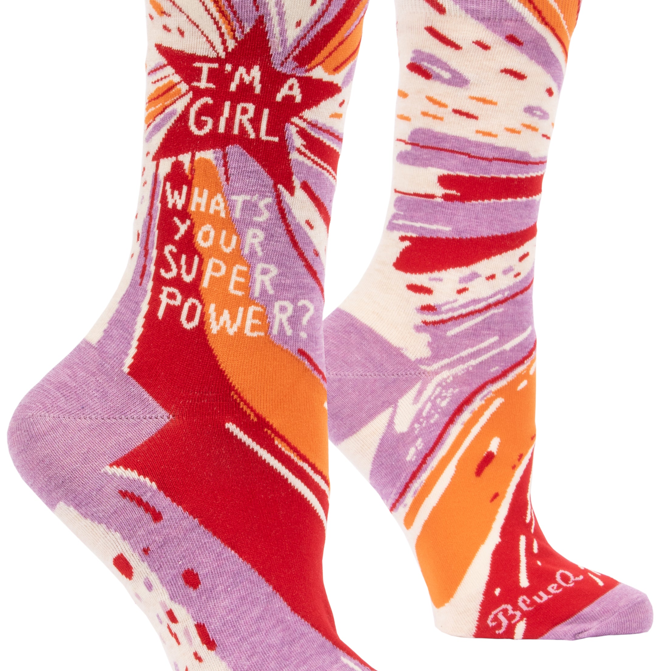 socks with purple orange cream and red swatches big red star on ankle that says i'm a girl what's your superpower?