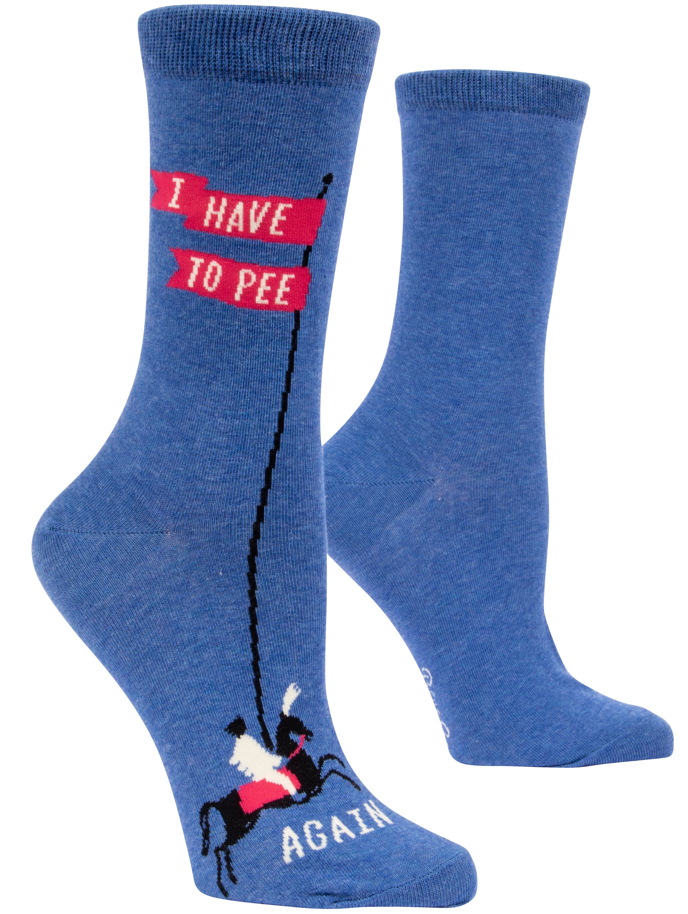 blue socks with a cartoon horse rider on toe holding tall flags on poll that say i have to pee again