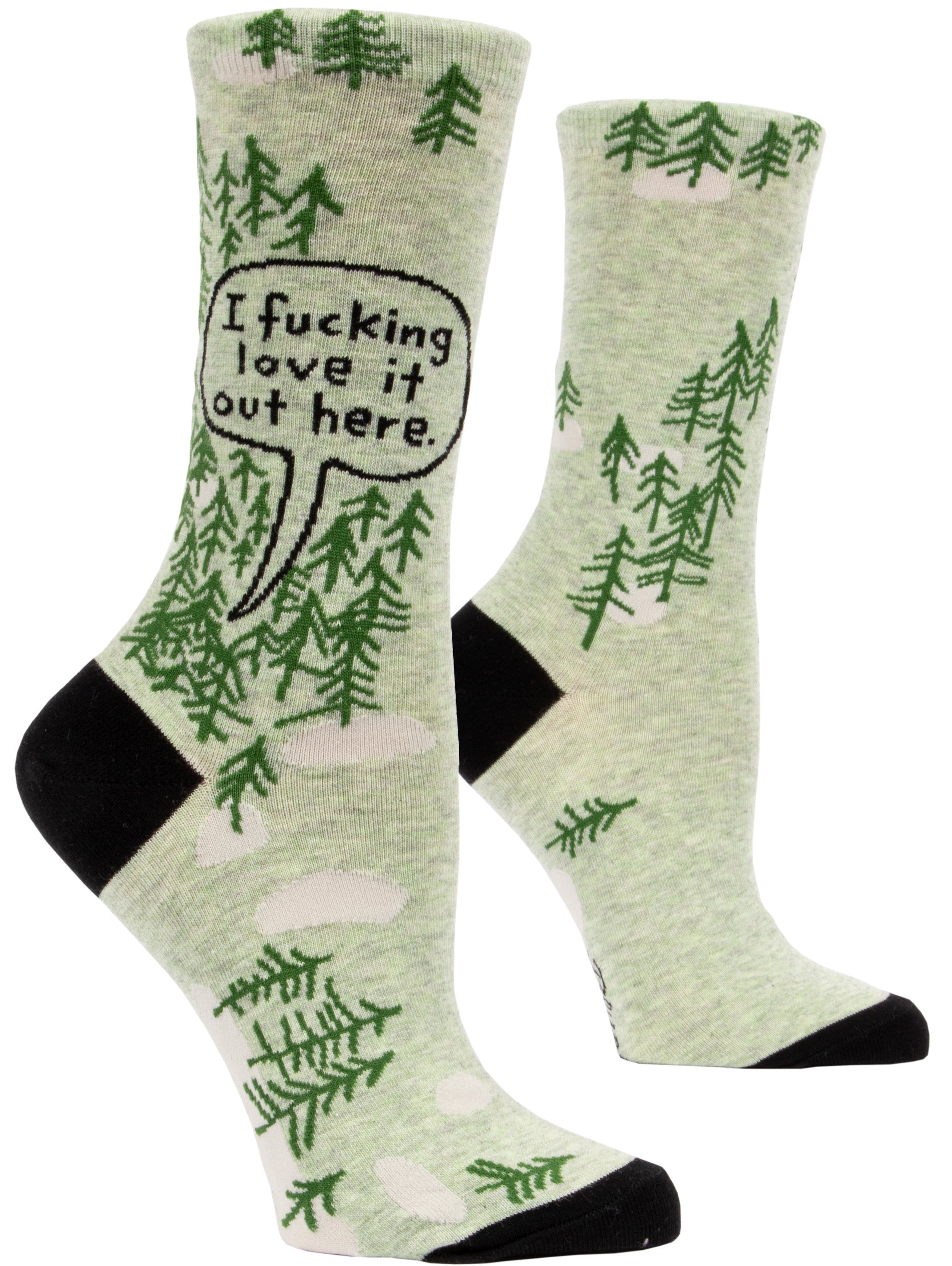green socks with cartoon trees and black toa and heel on ankle in word bubble it says i fucking love it out here