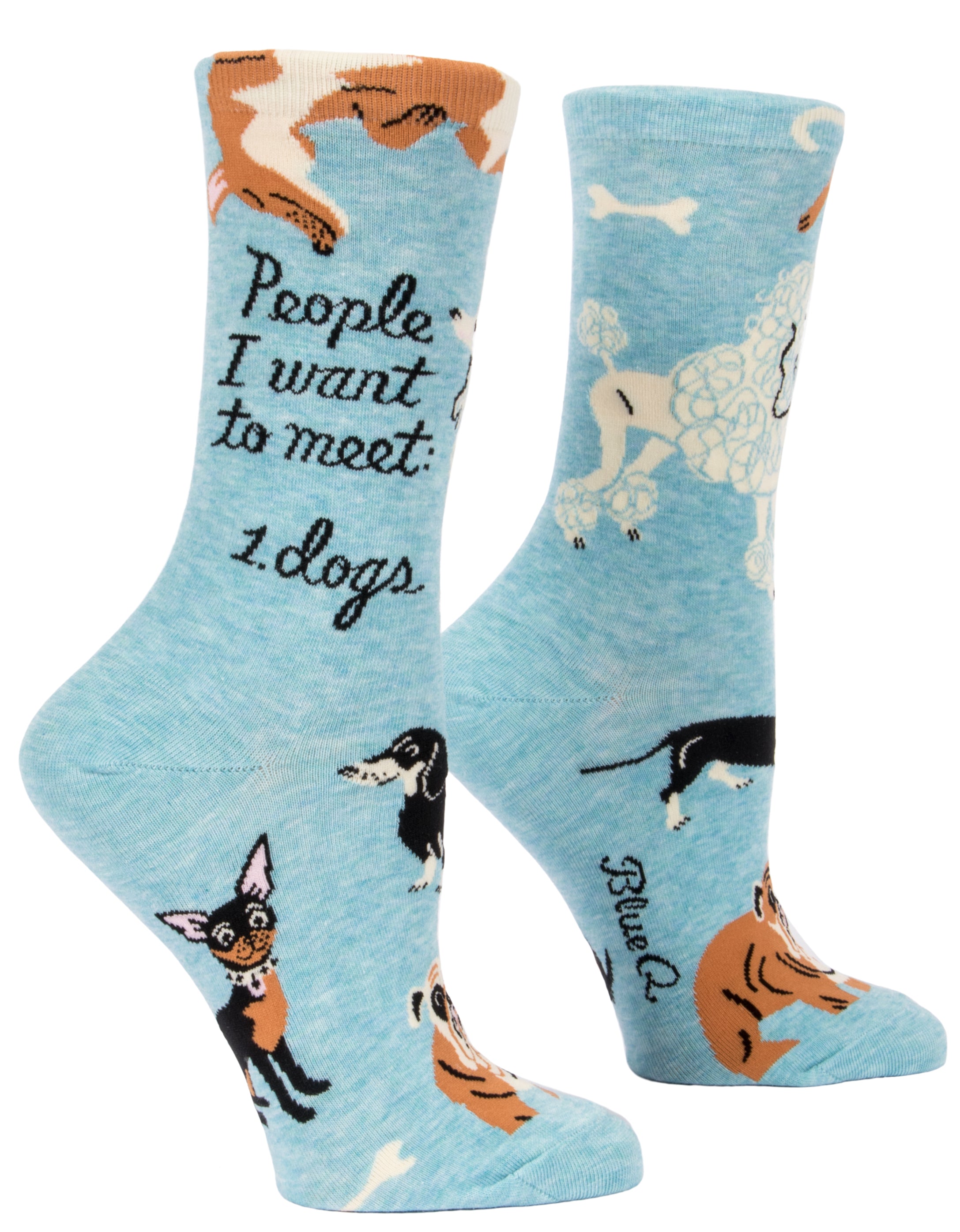 light blue socks with lots of dogs on ankle it says people i want to meet: 1.dogs