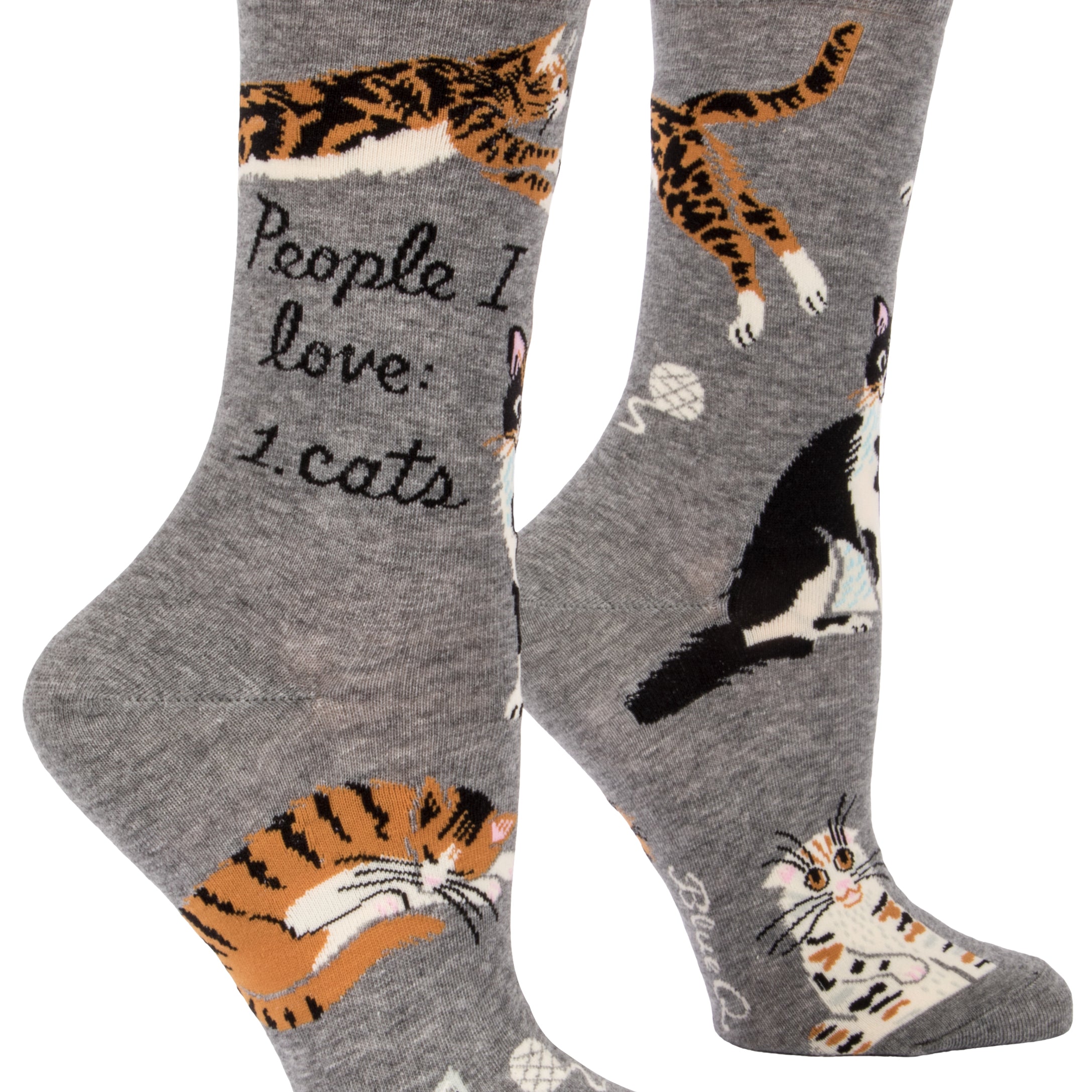 darker grey socks with a bunch of cats and balls of yarn on ankle it says people i love: 1.cats