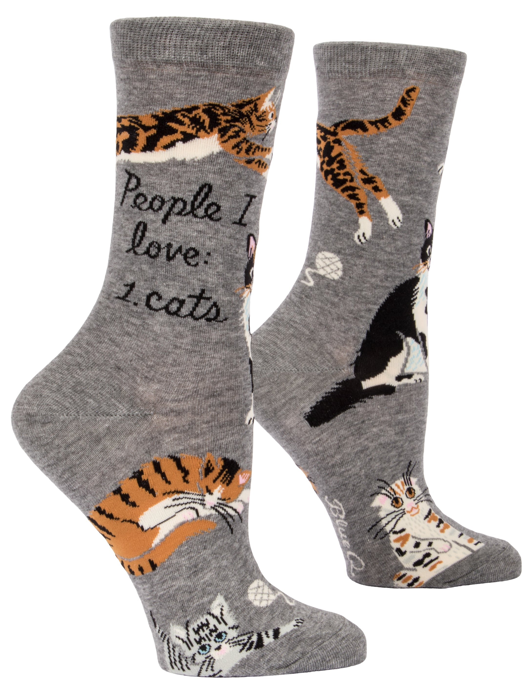 darker grey socks with a bunch of cats and balls of yarn on ankle it says people i love: 1.cats