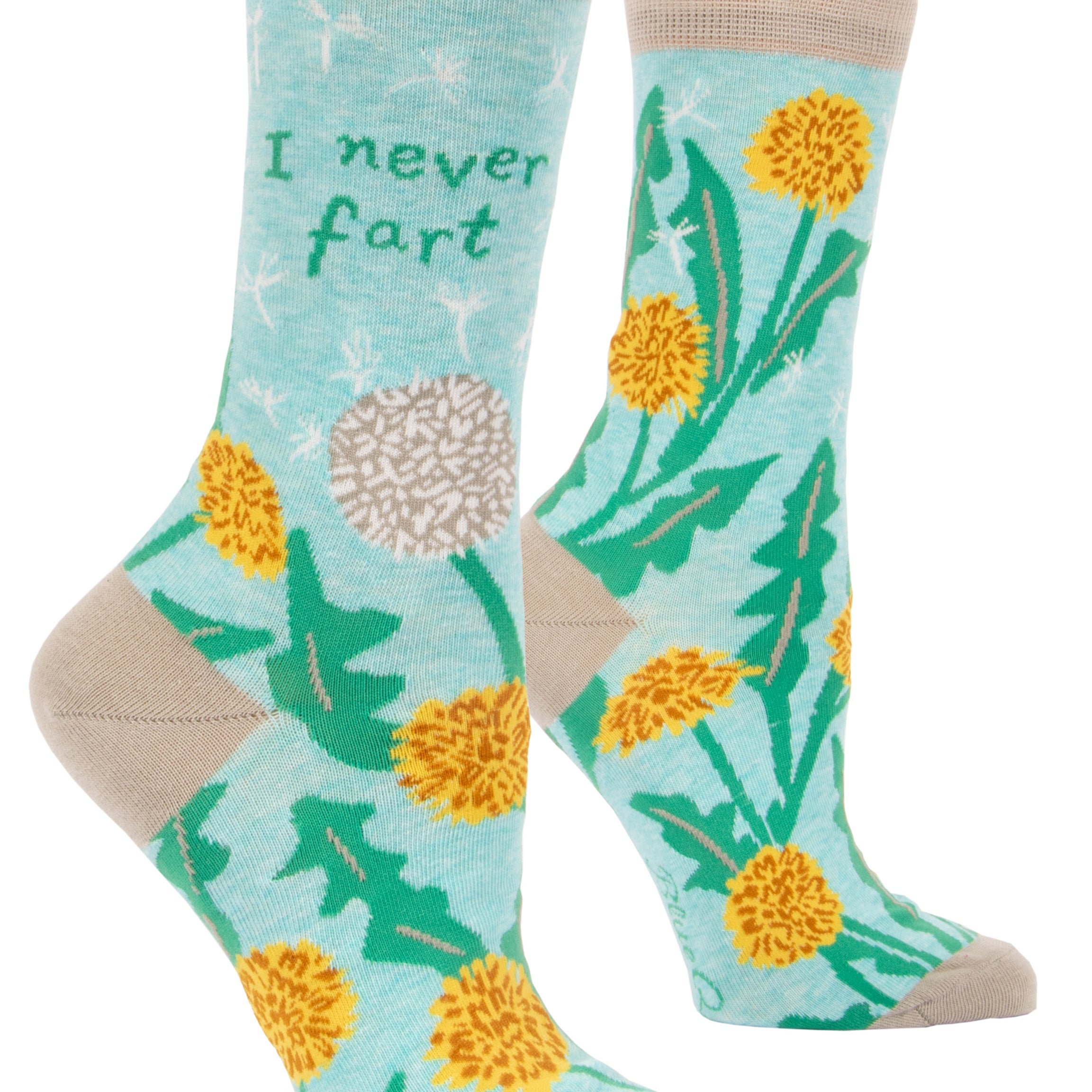 light blue socks with dandelions and on ankle they say i never fart