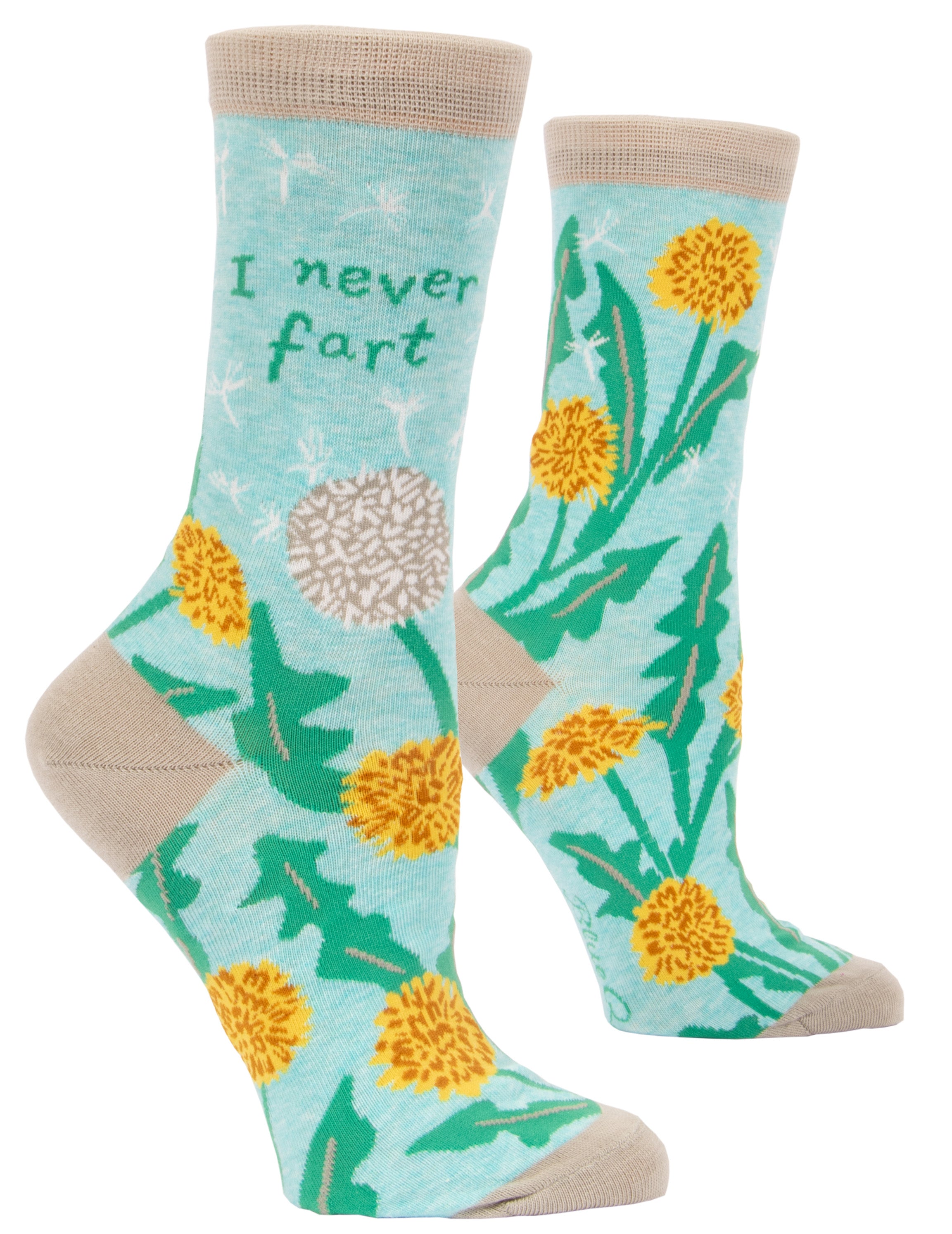 light blue socks with dandelions and on ankle they say i never fart