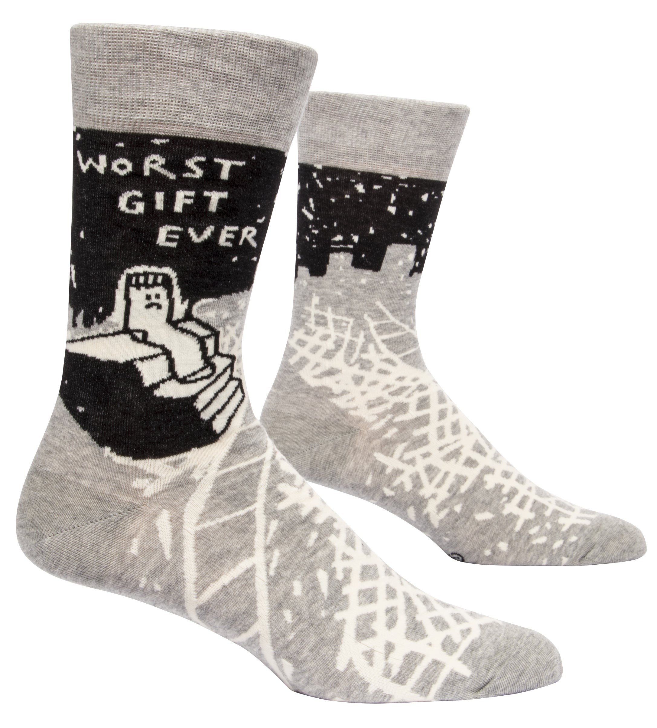 grey socks with a picture of a sad sock on stairs and above it says worst gift ever