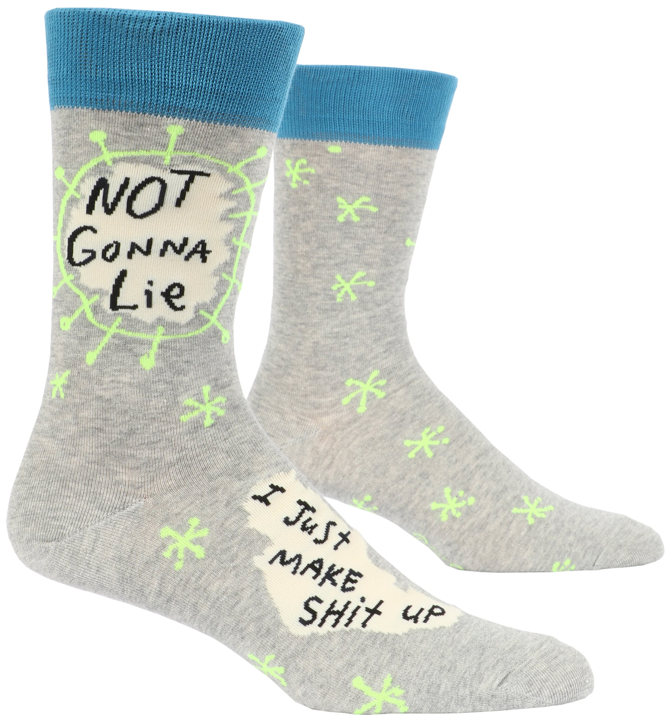 grey socks with neon stars blue band on ankle and white patches that say not gonna lie i just make shit up