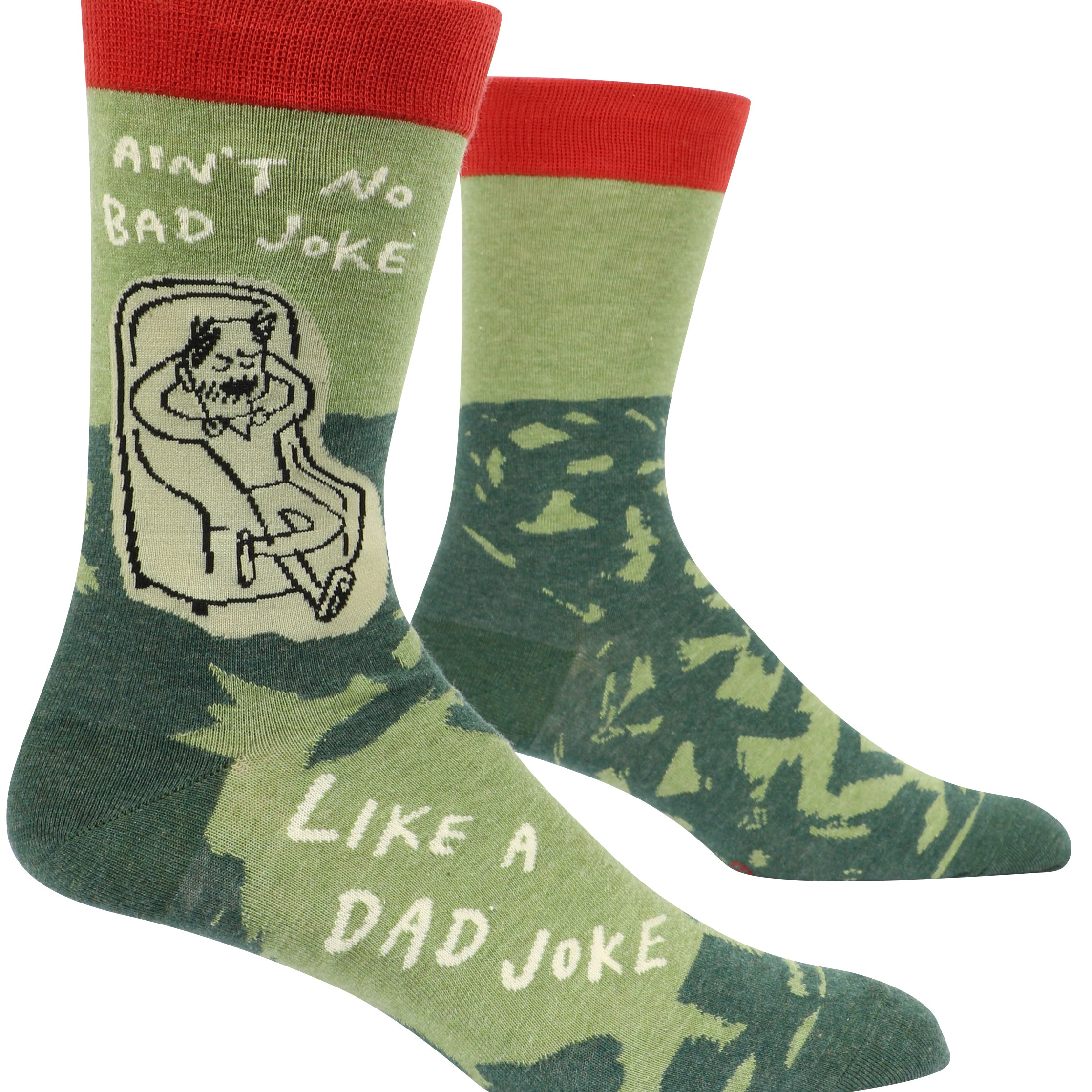 green socks with red ankle stripe picture of a dad sitting in chair and it says ain't no bad joke like a dad joke