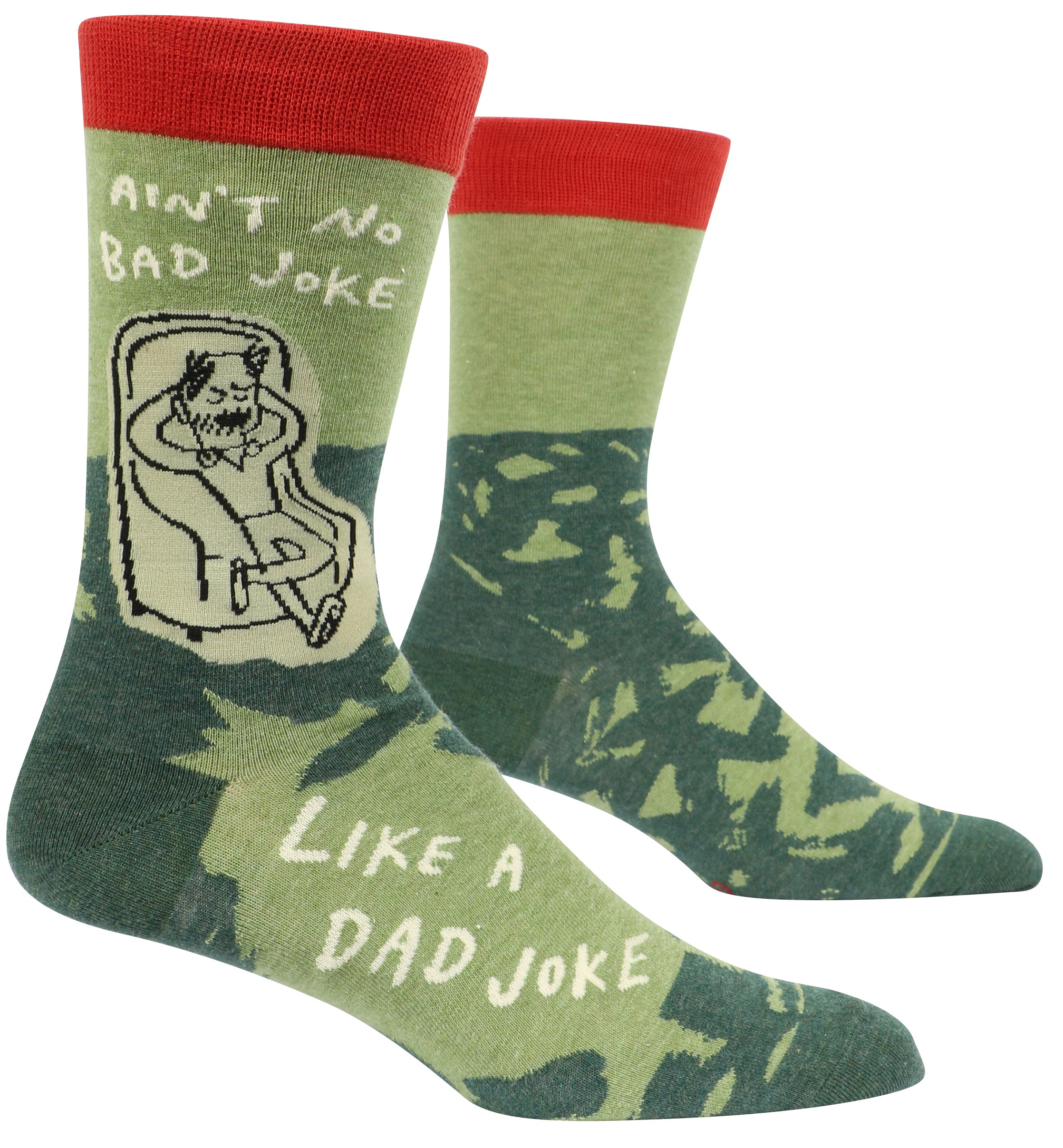 green socks with red ankle stripe picture of a dad sitting in chair and it says ain't no bad joke like a dad joke