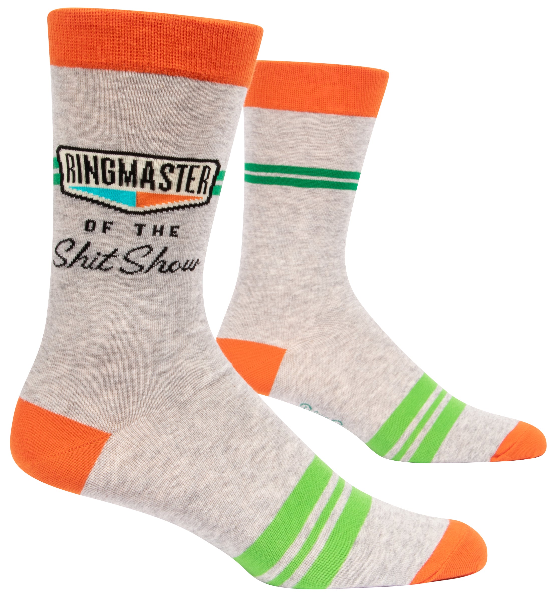 grey socks with orange tips and green rings on ankle it says ringmaster of the shitshow