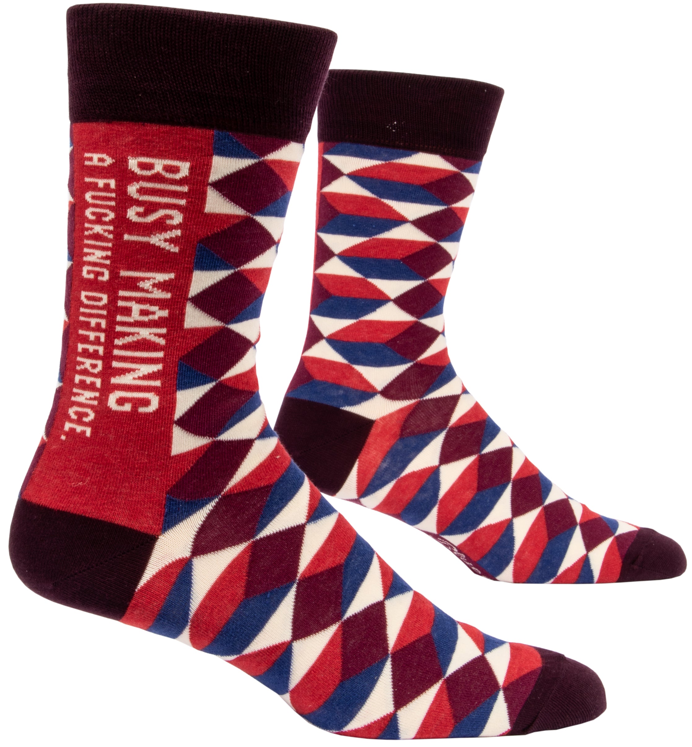 socks with retro style red, blue, white and brown diamond pattern on ankle says busy making a fucking differance