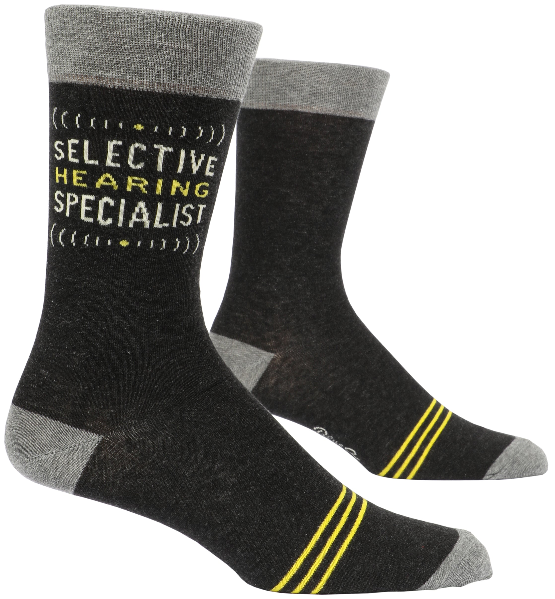 dark grey socks with light grey tips and yellow white writing that says selective hearing specialist