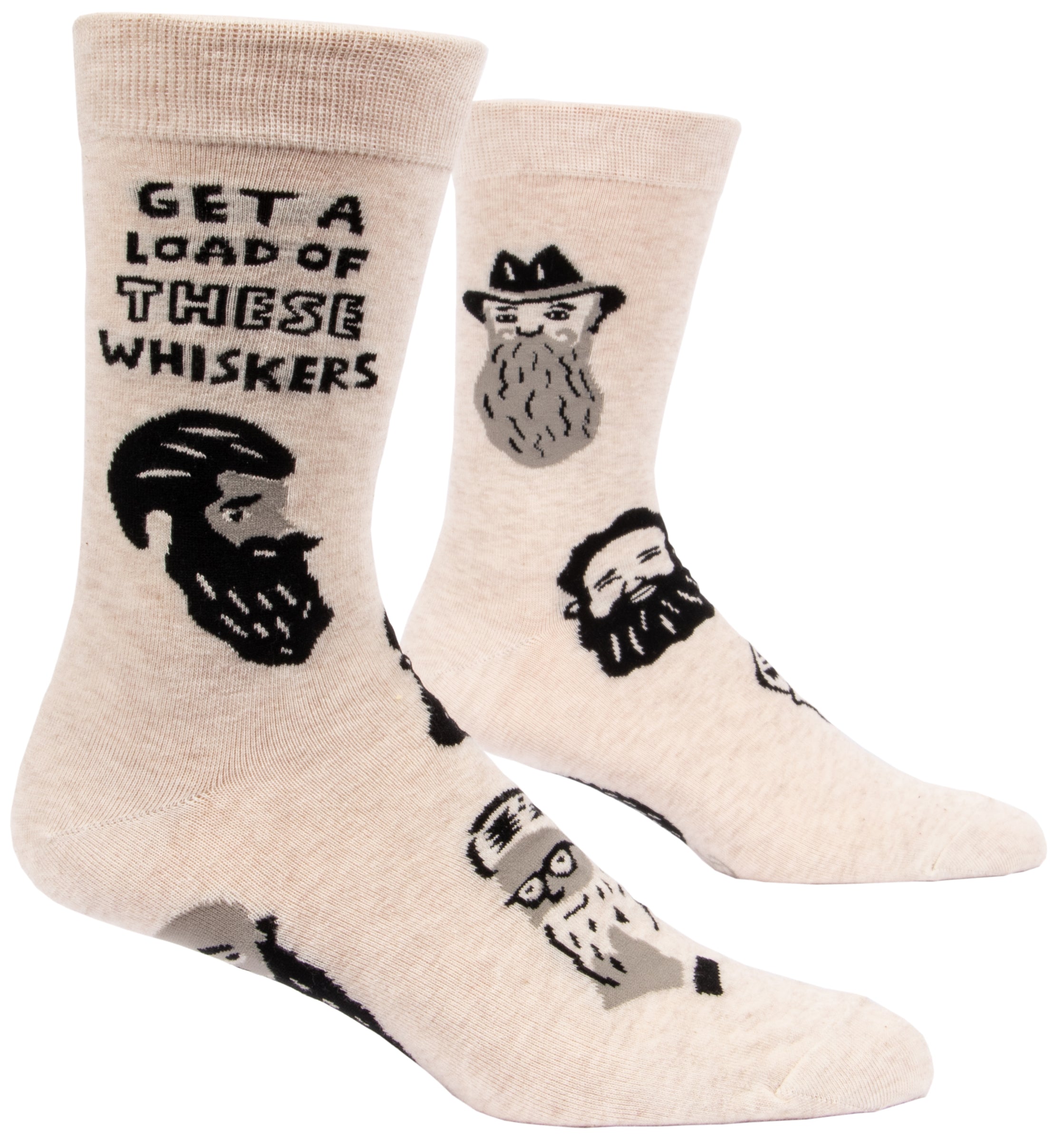 cream coloured socks with black and grey faces with beards and it says get a load of these whiskers