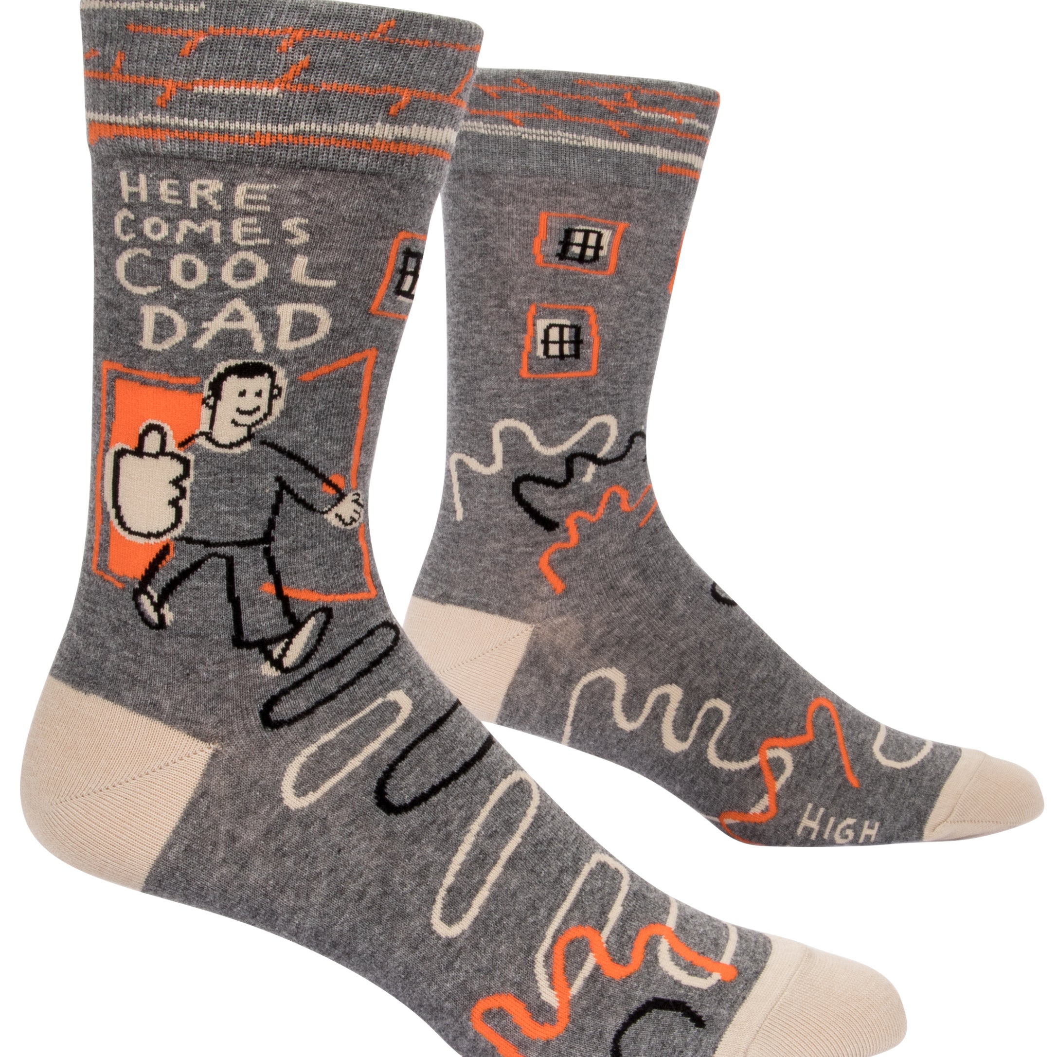greyish socks with cream, orange and black lines, a person coming out of door with thumbs up and it says here comes cool dad