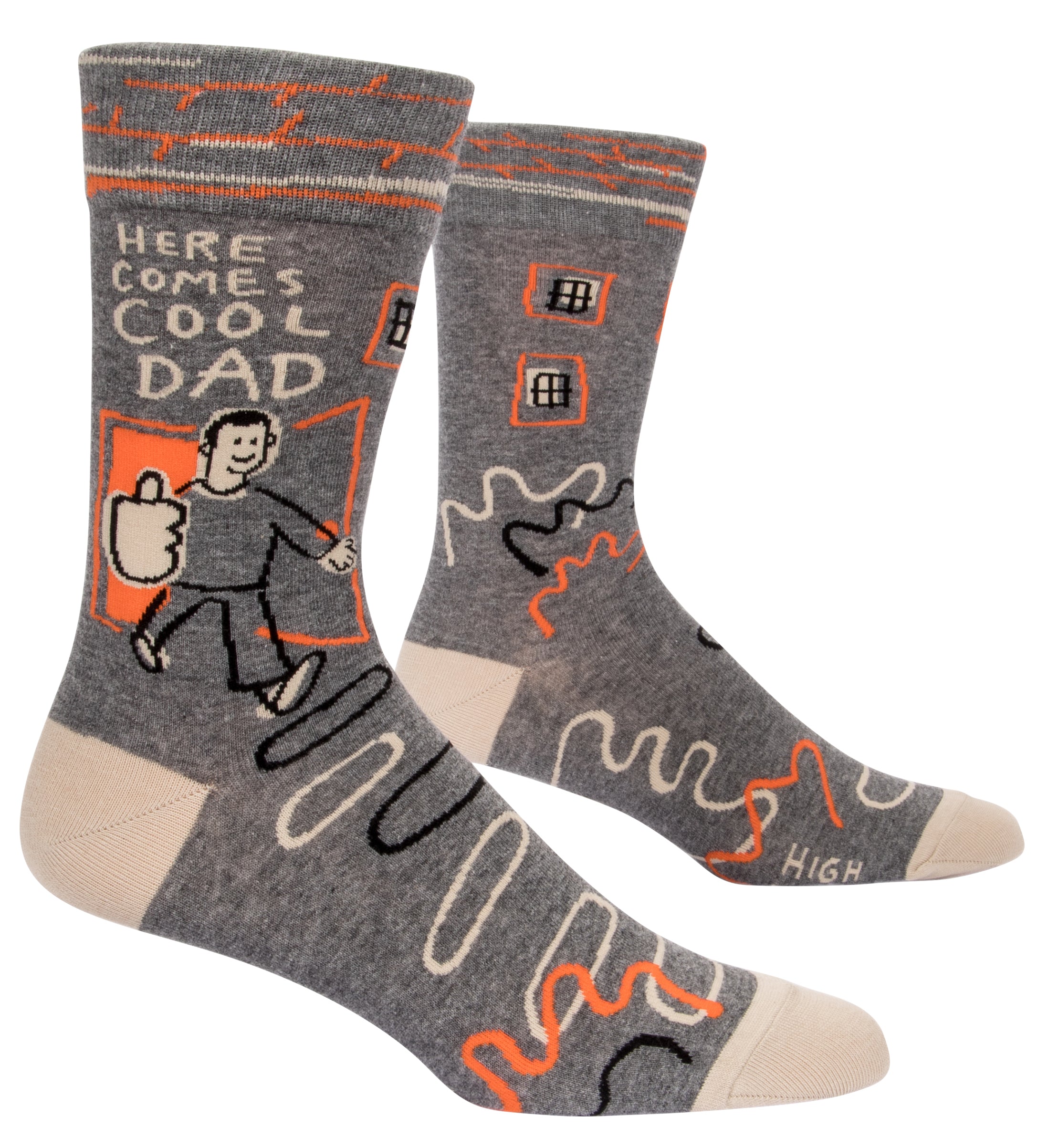 greyish socks with cream, orange and black lines, a person coming out of door with thumbs up and it says here comes cool dad