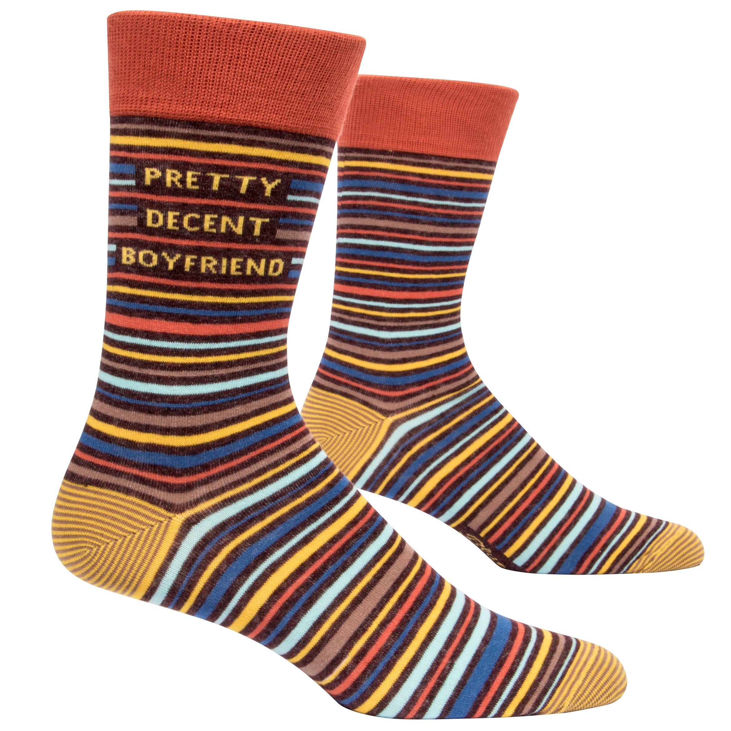 socks with warm multicolour mini stripes and says pretty decent boyfriend