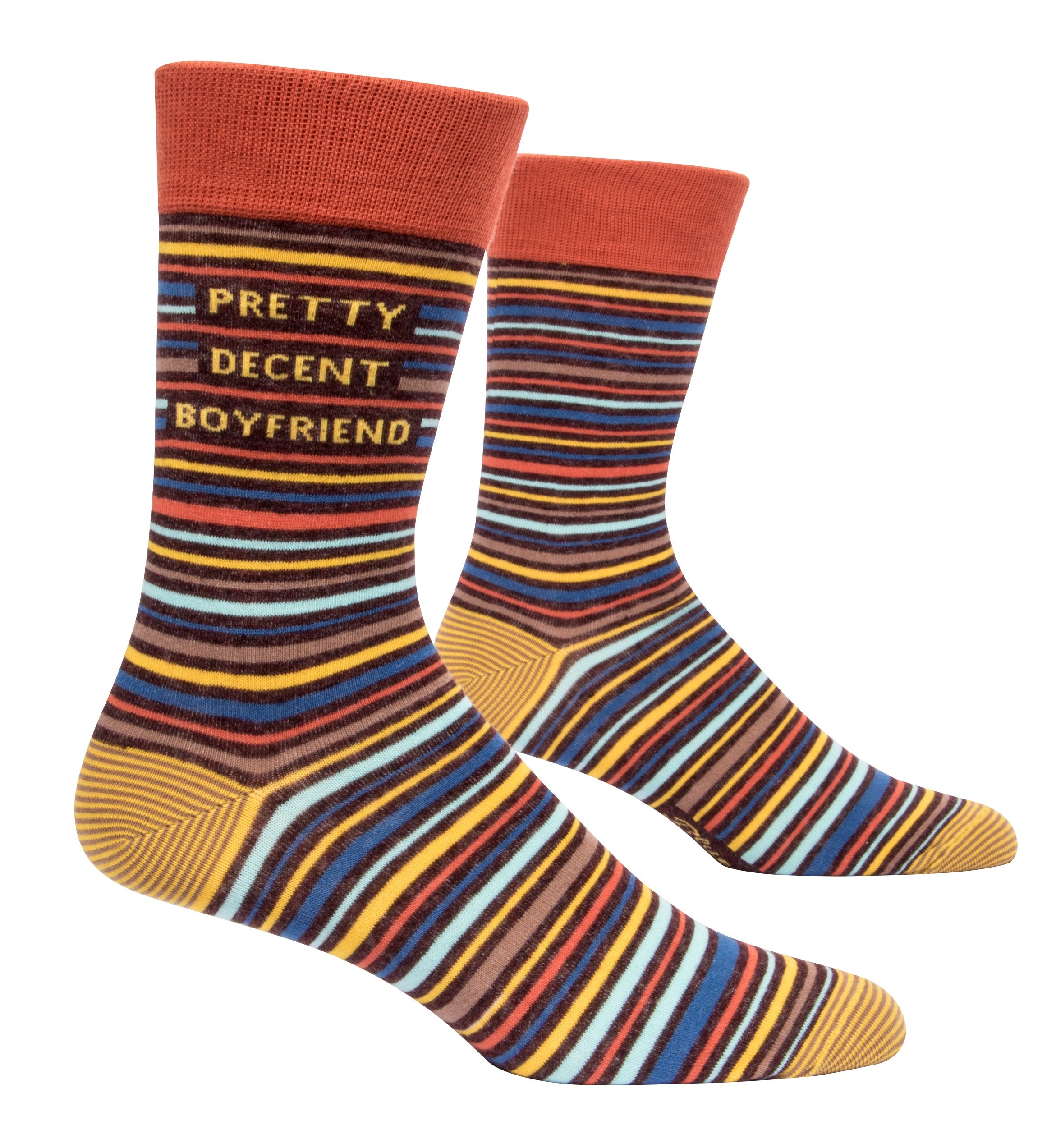 socks with warm multicolour mini stripes and says pretty decent boyfriend
