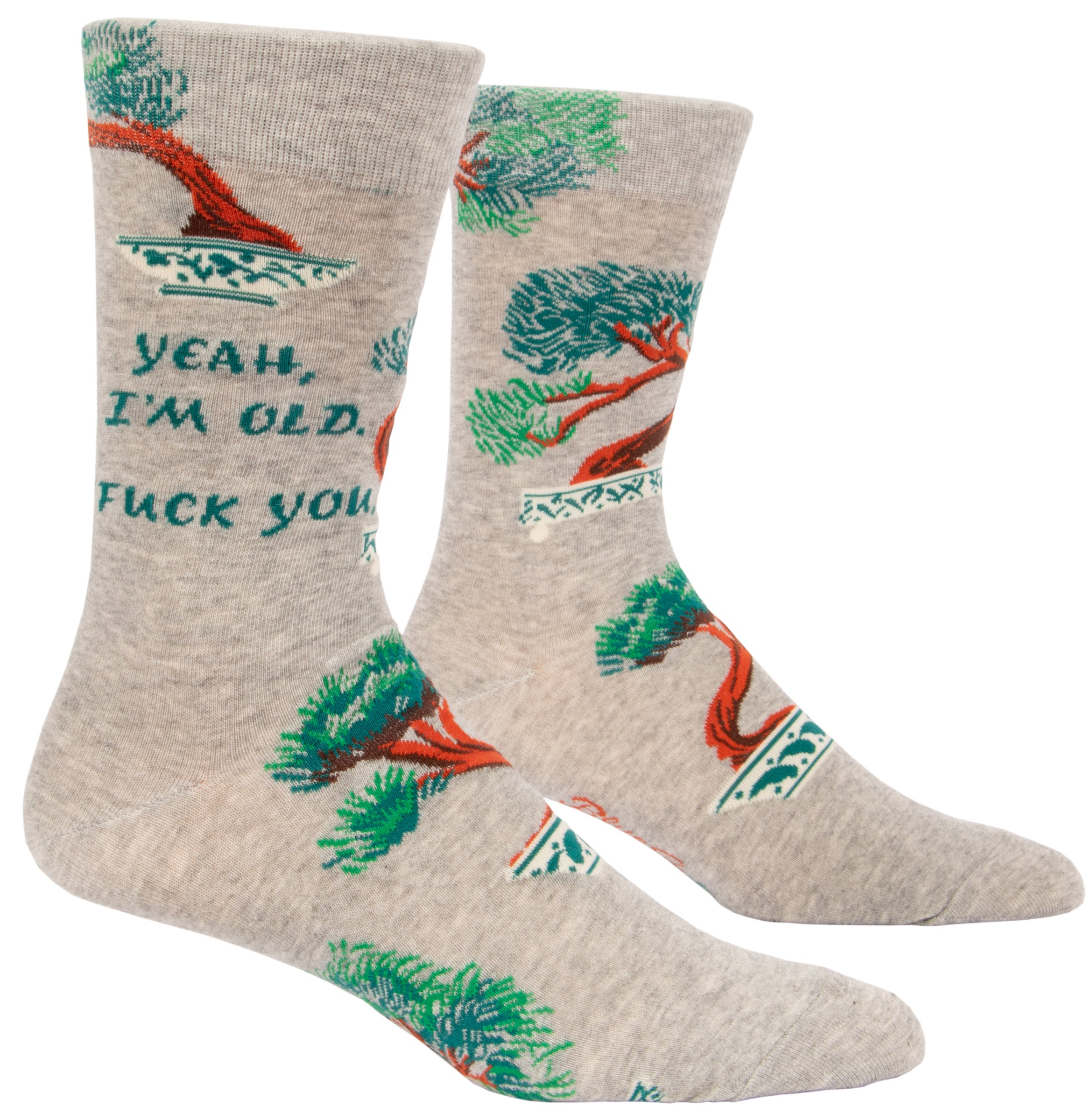 grey socks with green bonsai trees and says yeah, i'm old. fuck you