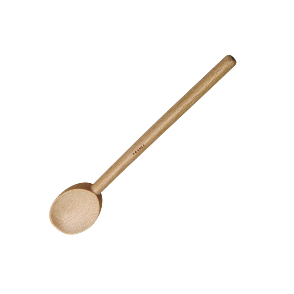 beechwood cooking spoon with 'france' written small on handle on white background