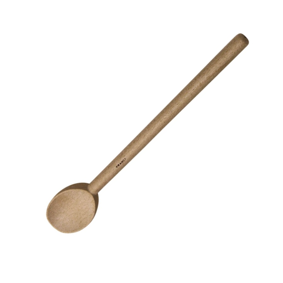 beechwood cooking spoon with 'France' written small on handle on white background